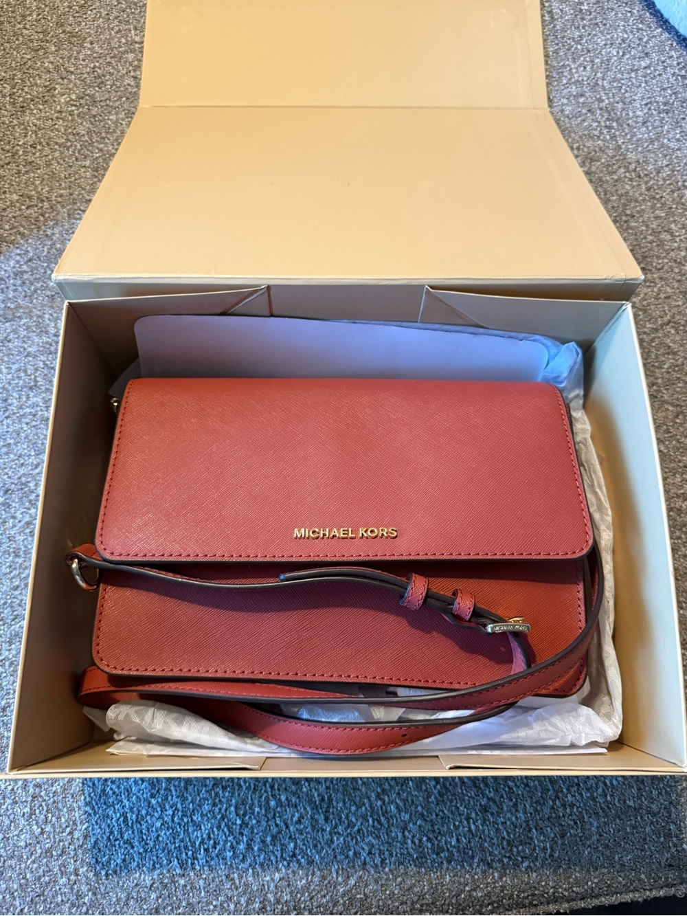 Michael Kors Coral-Red Saffiano Leather Crossbody with Gold Logo